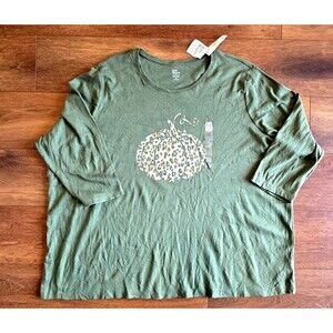 Kim Rogers Perfectly Soft Tee 4X 100% Cotton Green Pumpkin 3/4 Sleeve Shirt NEW